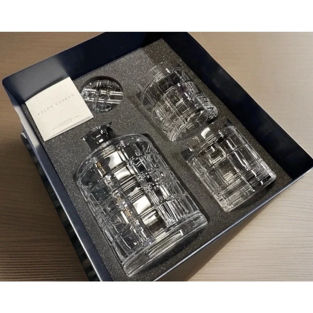 Ralph Lauren Hudson Plaid Crystal Decanter and 2 Glass Gift Set 680842802004